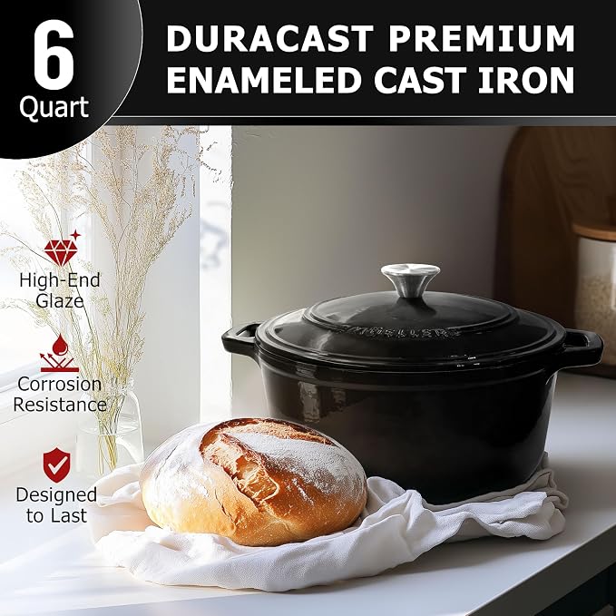 MUELLER HOME 6 Quart Enameled Cast Iron Pot Dutch Oven, Heavy-Duty | Oven-Safe to 500°F & Across All Cooktops, Casserole Dishes for Ovens, Bread Pan with Lid & Knob, Cast Iron Cookware, Black