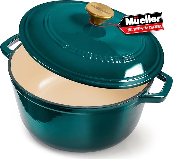 MUELLER HOME 4.5 QT Enameled Cast Iron Dutch Oven, Heavy-Duty Casserole Dish and Braiser Pan with Lid, Oven-Safe up to 500° F & Across All Cooktops, Housewarming Gifts New Home, Emerald | Casserole Dish and Braiser Pan with Lid, Oven-Safe up to 500° F,...