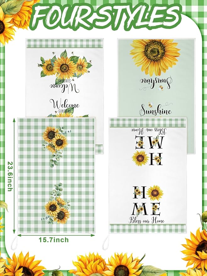 4 Pcs Sunflower Kitchen Towels Sage Green Hand Dish Towels Gifts | Absorbent Sunshine Grid Fast Drying Tea Clothes Floral Decor Housewarming Gift for Cooking Bathroom Kitchen Decor