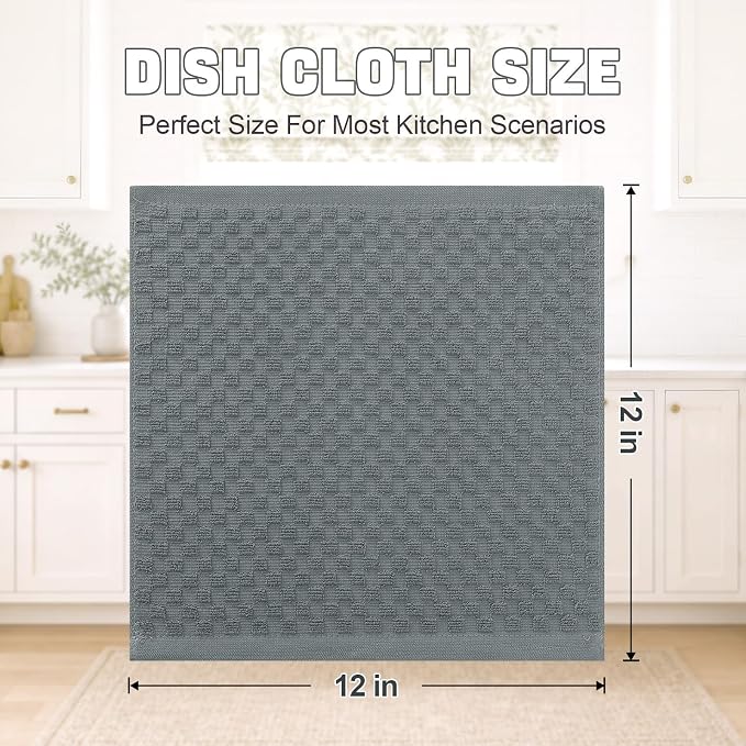 Homaxy 100% Cotton Terry Dish Cloths, 12"x12", 8-Pack, Dark Grey | Ultra Soft Absorbent Dish Towels with Hanging Loop, Pineapple Grid Designed