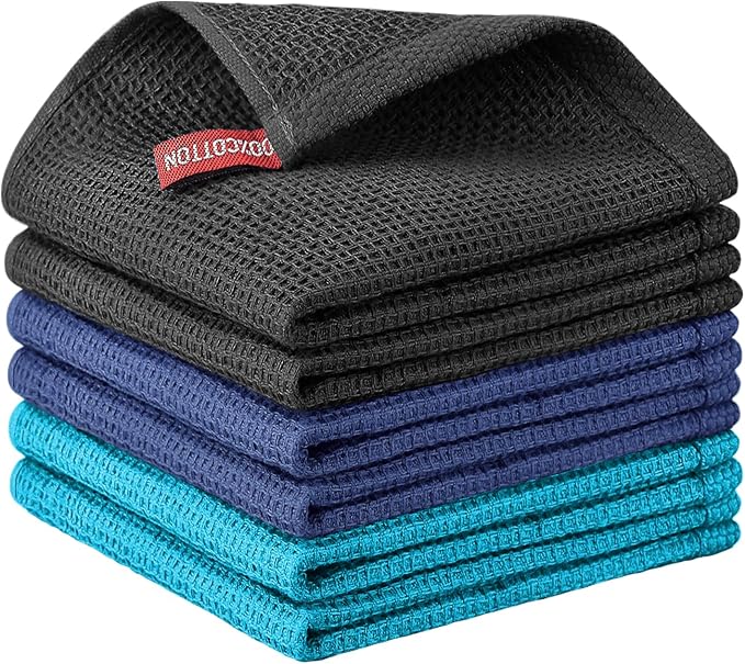 Nialnant 100% Cotton Waffle Weave Kitchen Towels, 6 Pack, 12x12 Inches | Absorbent Quick Drying Dish Rags, Dish Cloth for Washing Dishes, Multipurpose Cleaning Rags