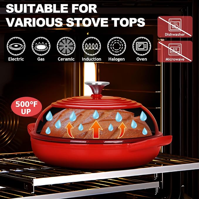 TeamFar Cast Iron Bread Dutch Oven, 6 Qt Enameled Dutch Oven Pot | for Sourdough Bread Baking, with Tall Dome Lid & Round Base Pan, Self-Basting & Even-Heating, Heavy-Duty & Non-stick, Red