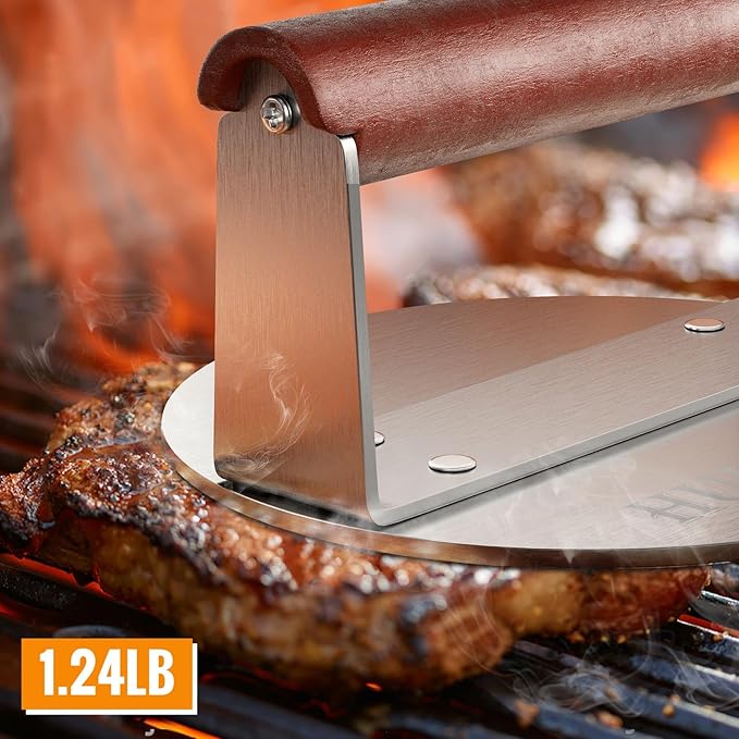 HULISEN Burger Smasher, Stainless Steel Smashed Burger Press, 6 Inch Hamburger Press for Griddle, Heavy-Duty Grill Press with Wood Handle, BBQ Accessories Tool, Weights 1.24 lb, Gift Wrapping | Wood Handle, 2.5 mm Thick Round Base, Thin Patties with Cr...