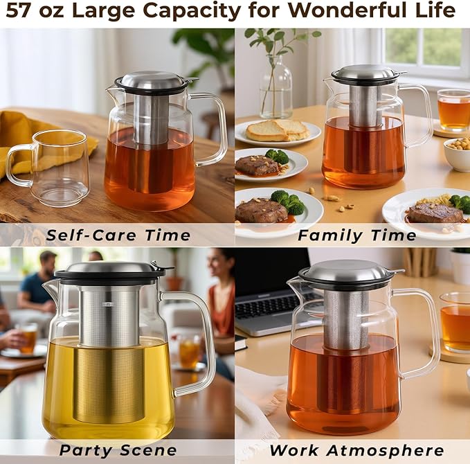 Aquach 57oz Glass Tea Pot with Infuser, Stovetop Safe Borosilicate Teapot | Dishwasher Safe, Plastic-free, Daily Sharing Size, Precise Loose Leaf Filter, Easy-clean