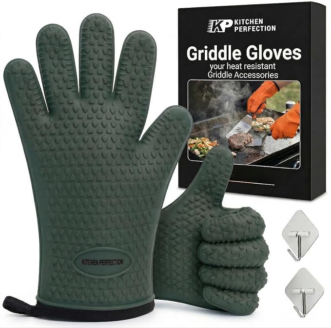 KITCHEN PERFECTION Silicone Griddle Grill Gloves Heat Resistant Oven Mitts | Waterproof, 5-Finger Design For A Better Grip, Best Griddle Grilling Accessories, Compatible with Blackstone, Weber & More