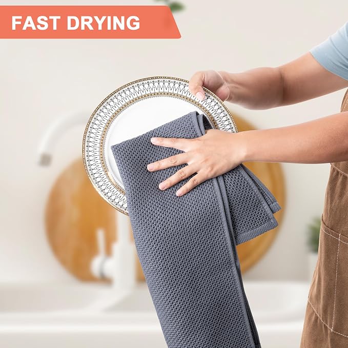 BOOMIBOO 6-Pack Dish Towels,100% Cotton Waffle Weave,13x28 in,Dark Grey | Towels Waffle Weave,Ultra Soft Absorbent, Quick Drying