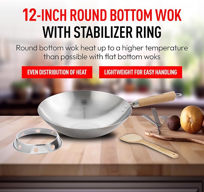 Helen's Asian Kitchen Carbon Steel 4-Piece Wok Set, 12-Inch Round Bottom Wok