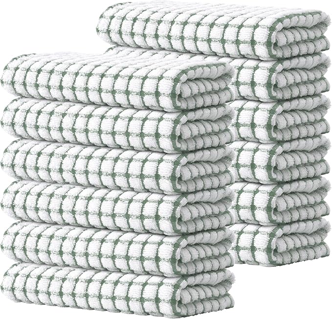 Kitinjoy Cotton 12 Pack Terry Kitchen Towels, Grass Green | 16 x 25 Inches Super Soft and Absorbent Dish Towels, Quick Drying hand towels for kitchen Drying