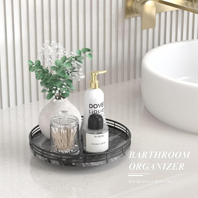 AMH 10-Inch Ancient Wood-Grain Marble Lazy Susan with Black Iron Frame | Smooth rotating oak tray with walnut finish for dining tables, kitchen counters, pantries and cabinet storage.