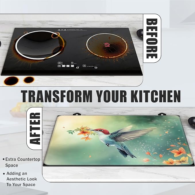 Cute Hummingbird Glass Top Stove Cover Protector,Spring Flower Stove Top Covers for Electric Stove,Washable Heat Resistant Cooktop Mat Anti-Slip Range Covers, 28 x 20 Inch