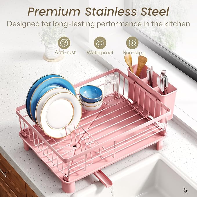 SNTD Dish Drying Rack for Small Kitchen Counter, 11" W x 15" L, Pink | Space Saving, Rotating Spout & Angled Drainboard for Quick Drainage, Stainless Steel, Removable Utensil Holder