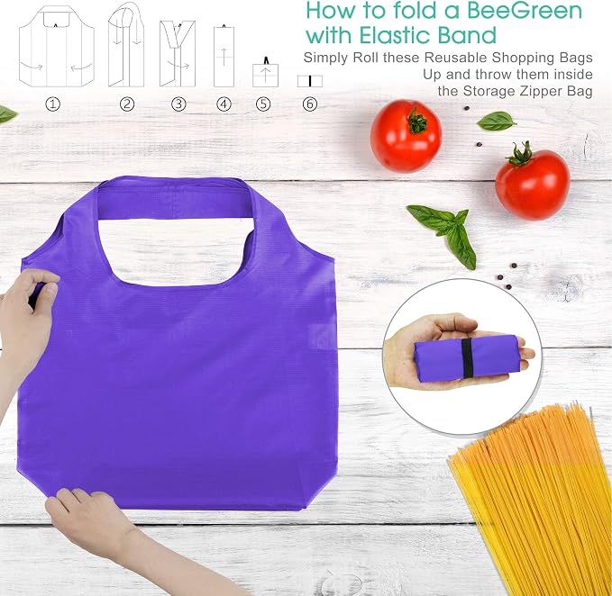 BeeGreen Purple Reusable Grocery Bags Wholesale Purple Reusable Kitchen Bags Bulk Foldable-Machine Washable with Zipper Storage Pouch 20 Packs