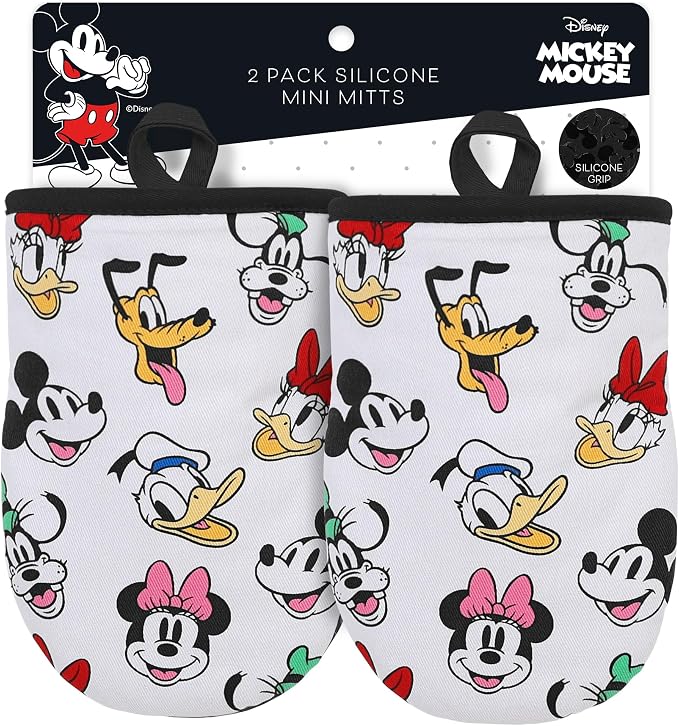 Disney Mickey & Friends Mini Oven Mitts, 2-Pack, Heat Resistant 450F | Compact 5.5"x7.5" pot holders for kitchen, printed silicone offers non-slip grip, ambidextrous, hand wash or spot clean