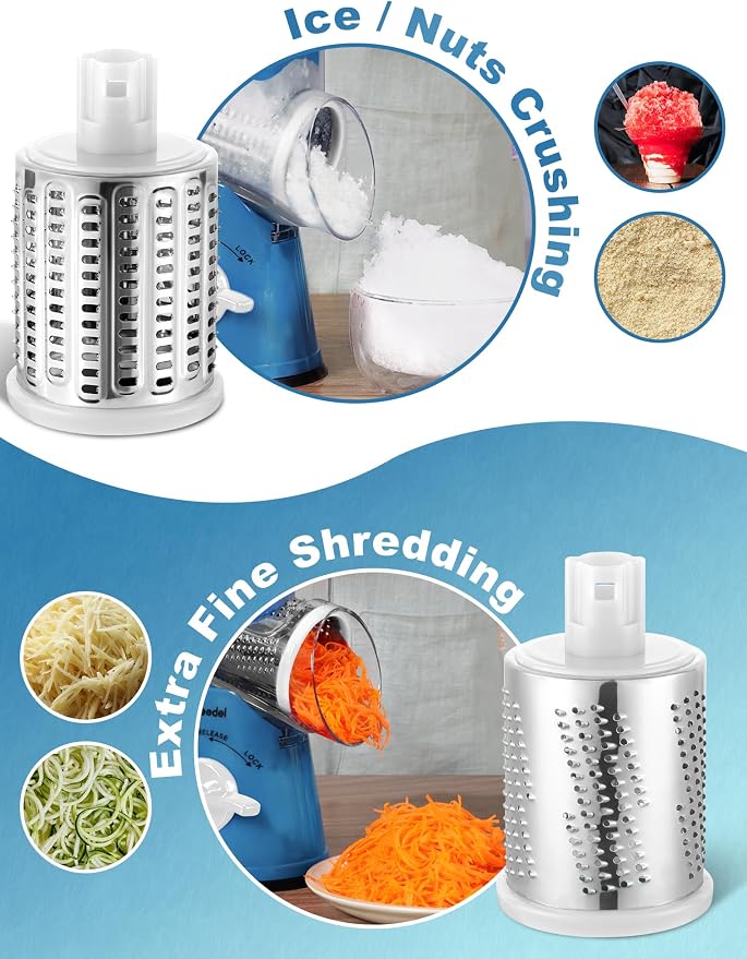 Geedel Rotary Cheese Grater Hand Crank, Cheese Shredder Vegetable Slicer | 5 Blades, 430 Stainless Steel, 12x Fast Cutting, Strong Suction Base, No BPA, Dishwasher Safe, for Cheese, Veggie, Nut