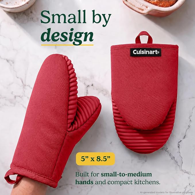 Cuisinart Mini Oven Mitts, 2-Pack 5"x8.5", Heat Resistant 500F | Compact pot holder for baking, air fryer, and cookware, silicone non-slip grip, hanging loop, fits either hand, wipes clean