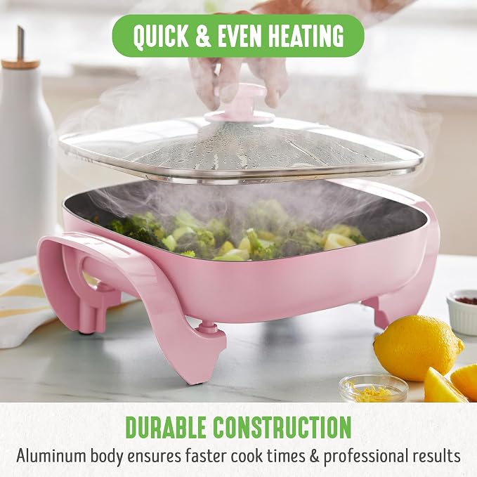 GreenLife 12" 5QT Electric Skillet, Pink | PFAS-Free Ceramic Nonstick Coated Interior, Glass Vented Lid, Temperature Control, Dishwasher Safe, Pancakes, Eggs, Bacon