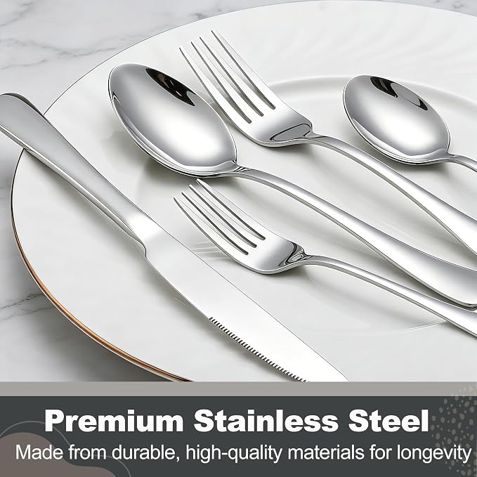 Runfly 40-Piece Silver Flatware Set, Stainless Steel Cutlery Set for 8 | Mirror Polished Durable Utensil Set Includes Knife Fork Spoon for Home Kitchen Restaurant Tableware
