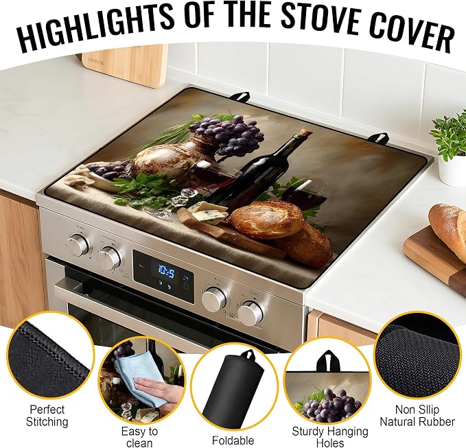 NYZE Stove Top Cover for Electric/Glass Stove, Flat Top Cooktop Protector, Electric Cooktop Cover, Extra Counter Space for Kitchen (Red Wine & Grapes)