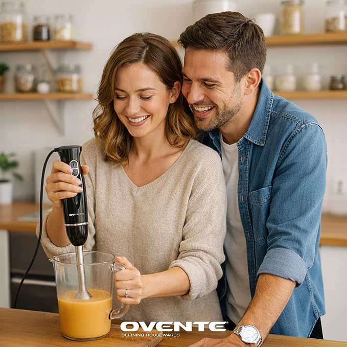 OVENTE Electric Hand Blender Set with 2 Mixing Speeds, 300W Black HS565B | Corded Immersion Handheld Stick Mixer with Stainless Steel Blades, Egg Whisk, Beaker & BPA-Free Food Chopper