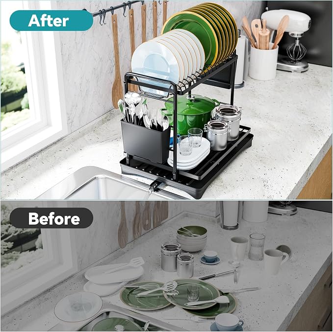 Simple Trending Dish Rack, Dish Drying Rack 2 Tier, Stainless Steel Dish Drainers with Utensil Holder and Drainboard for Kitchen Sink Organizers, 11.875" W x 16.625" D, Black