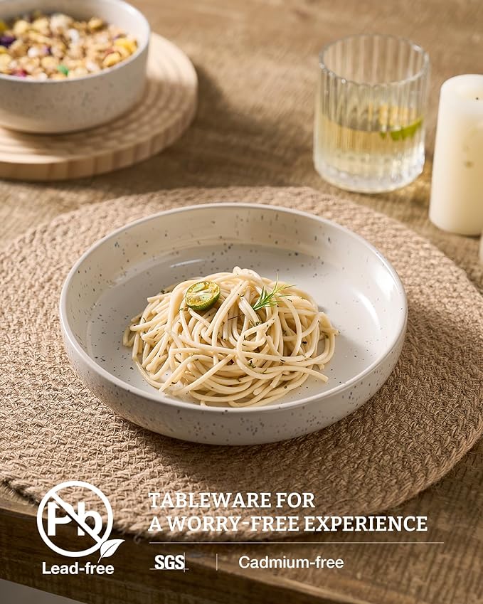 famiware Milkyway 33 oz Pasta Bowls Set of 8, Creamy White | Double Reactive Glaze, Scratch-Resistant Stoneware Salad Bowls, Stackable, Dishwasher & Microwave Safe, Lead-Free