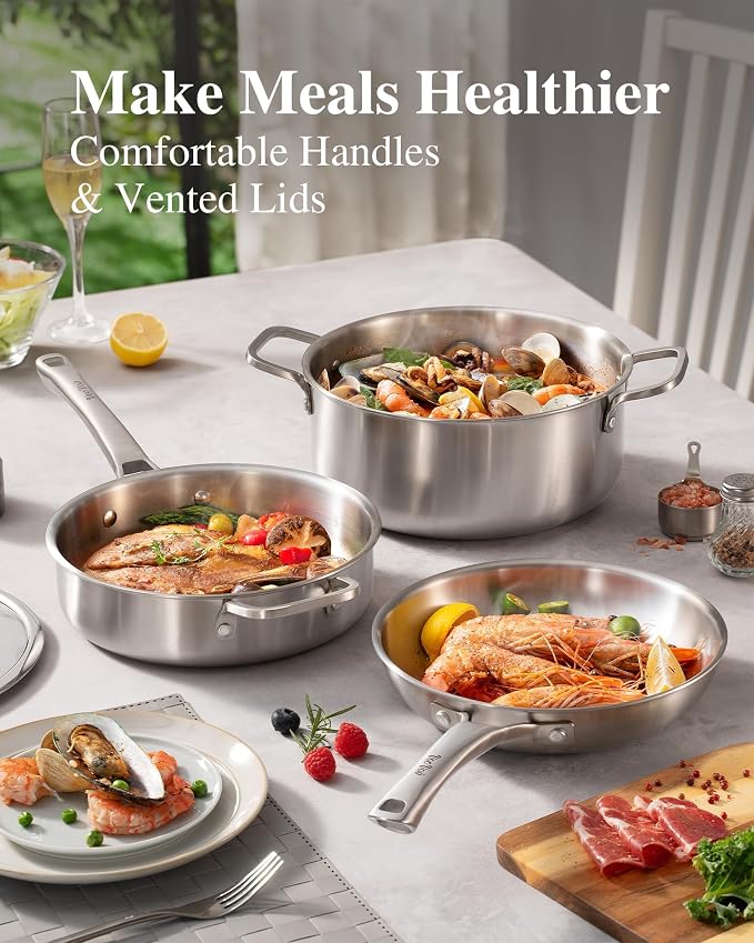 Stainless Steel Pans, Stainless Steel Cookware Set, 8/10/12 Inch with Lid, PFOA & PTFE Free Skillets, Non Toxic Chef's Pan Set, Frying Pans for Cooking, Oven & Dishwasher Safe, Induction Compatible