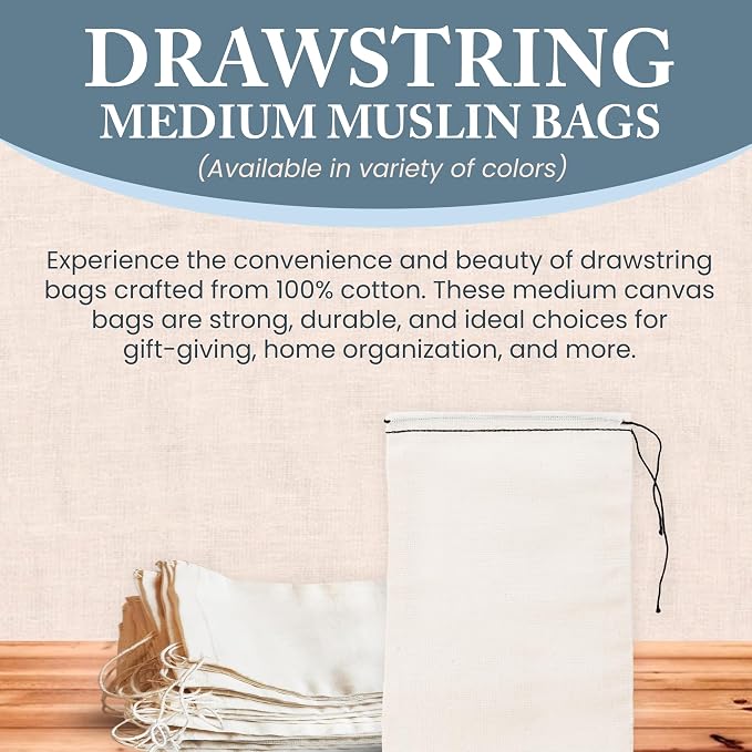 Celestial Gifts 100% Cotton Muslin Drawstring Bags, 25 Pcs, 5x8 Pouches | Made in USA, Natural Hem & Drawstring, Reusable Small Sachet Pouches for Party Favors, Glasses, Tea, Herbs & Crafts