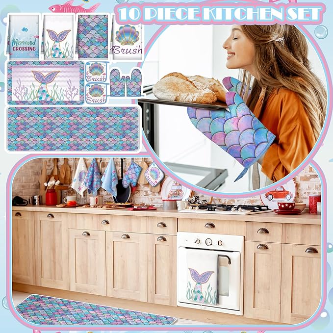 Fourluoo 10 Pcs Mermaid Kitchen Dish Towels Rugs Oven Mitts and Pot Holders Set Farmhouse Kitchen Decor Set for Women Mom Daughter Gift Cooking Baking Grilling