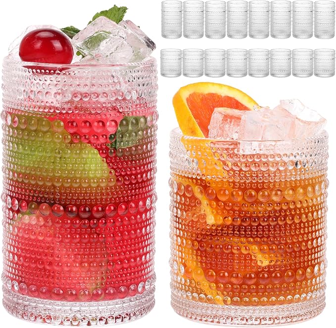 Moretoes Hobnail Drinking Glasses Set of 16, Vintage Water Glass Cups | 12 Oz Highball Glasses & 10 Oz Cocktail Glasses, Clear Embossed Boho Kitchen Bar Tumbler for Whiskey, Beer, Juice, Milk
