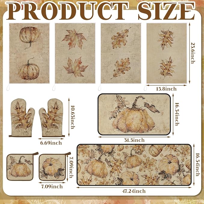 Fanfanwin 10 Pcs Fall Pumpkin Kitchen Decor Set Kitchen Towels Pot Holders Oven Mitts and Rugs Set Thanksgiving Towels for Baking Cooking BBQ Autumn Home(Sepia,Rustic Fall)