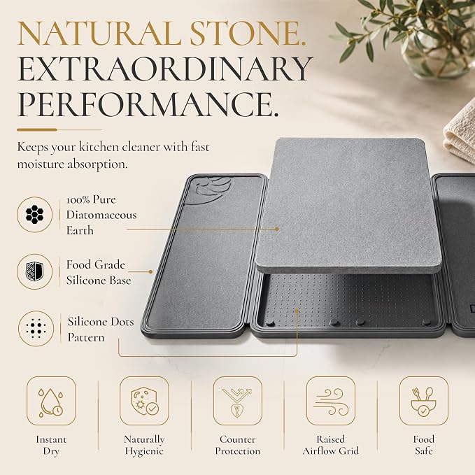 Large Stone Drying Mat for Kitchen Counter, Diatomaceous Earth Foldable Dish Drying Mat, Diatomite & Silicone Fast Water Absorbing Dry Pad, Thick Folding Drainer Mats for Dishes & Countertops