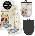 Disney Winnie the Pooh Cotton Kitchen Towels & Mini Oven Mitts, 4-Piece Set | Absorbent, dries dishes fast, machine washable, mitt grip resists heat to 350F and is hand wash only, great for gifting