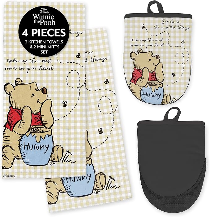 Disney Winnie the Pooh Cotton Kitchen Towels & Mini Oven Mitts, 4-Piece Set | Absorbent, dries dishes fast, machine washable, mitt grip resists heat to 350F and is hand wash only, great for gifting
