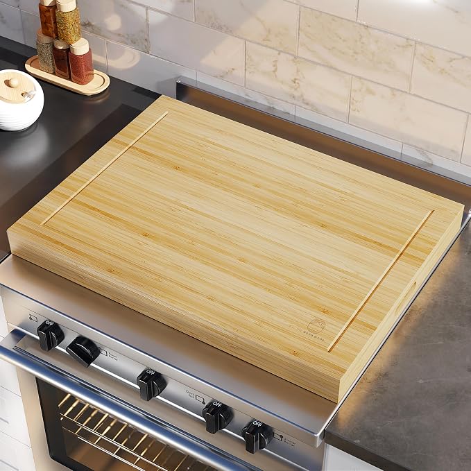 Noodle Board Stove Cover Cutting Board with Handle - Stove Top Cover with Care Brush FSC Certified - Multiuse Gas Stove Cover Board for Serving Chopping Decorating, 30”x22”(Outer) / 28.5”x20.5”(Inner)
