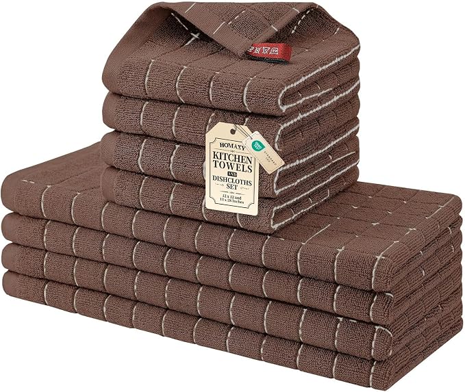 Homaxy Kitchen Towels and Dishcloths Set, Set of 8, Brown | Bulk Cotton Terry Kitchen Towels, Checkered Designed, Soft and Super Absorbent Dish Towels, 12 x 12 and 13 x 28 Inches