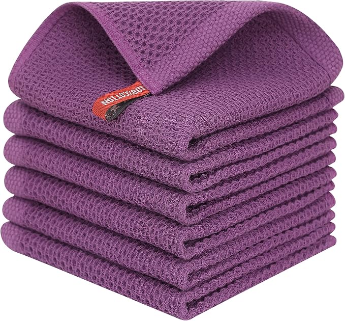 Kitinjoy 100% Cotton Kitchen Dish Cloths, 6 Pack Waffle Weave Ultra Soft Absorbent Dish Towels for Drying Dishes Quick Drying Kitchen Towels Dish Rags, 12 X 12 Inches, Violet | Ultra Absorbent, Super Soft, lightweight, Quick Drying Dish Rags for Washin...