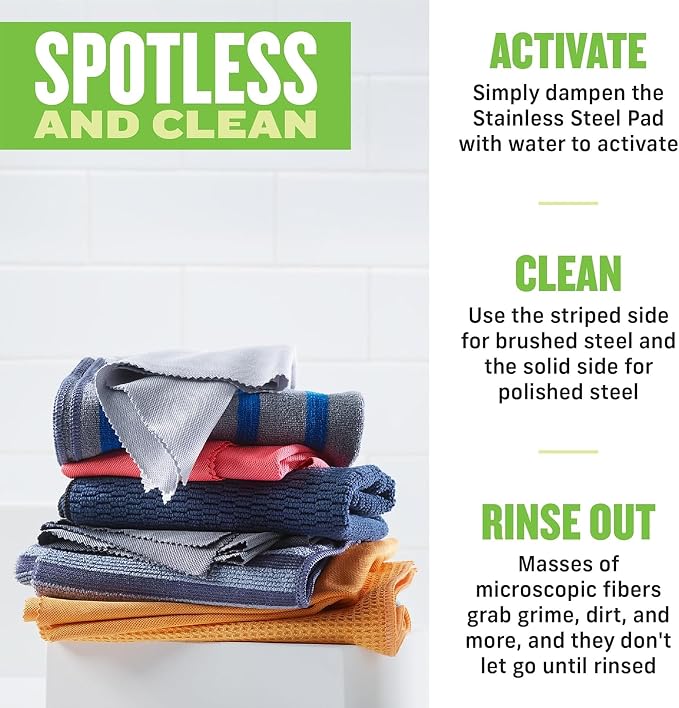 E-Cloth Stainless Steel Cleaning Cloth Pack - Wipes Clean with Water | Glass & Polishing + Stainless Steel Cleaner Cloth for Appliances, Cars & More, Reusable & Washable Towels