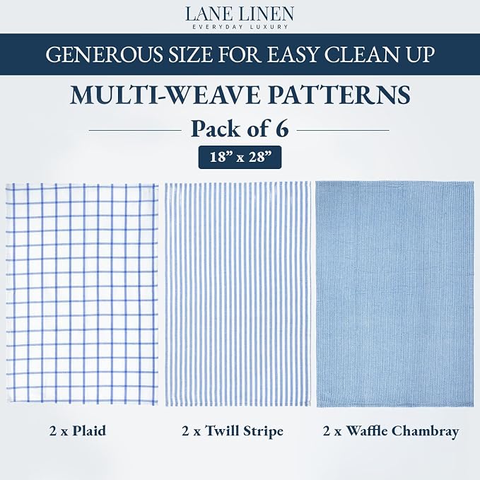 LANE LINEN Cotton Kitchen Towels Set, 6-Pack – Absorbent, Quick-Drying Dish Towels, 18" x 28", Soft, Premium Hand and Tea Towels - Indigo