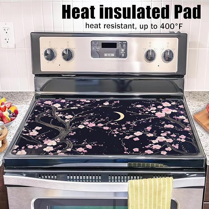 Electric Stove Top Cover,Pink Peach Blossom Stove Cover for Glass Top Electric Stove,Moon Night Heat Resistant Flat Top Stove Mat Countertop Protector, 28 x 20 Inch