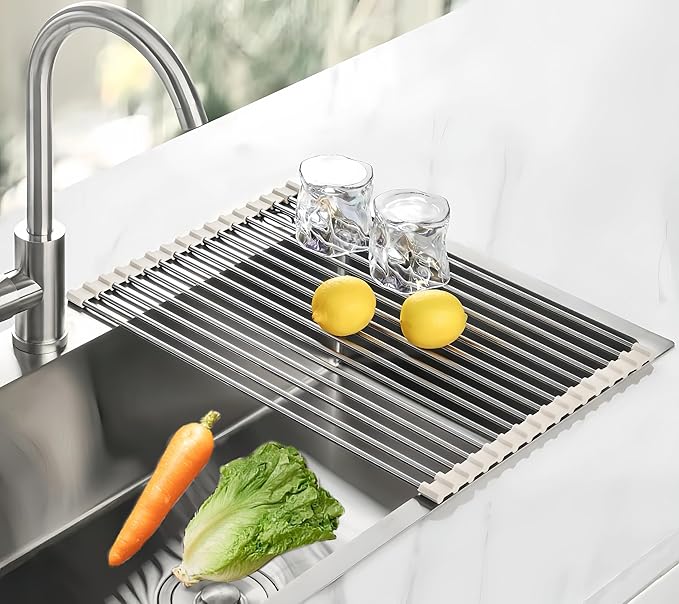 Roll Up Dish Drying Rack, 17.7" x 15.8" Over The Sink Dish Drying Rack, Dish Drying Rack for Kitchen Sink Counter Storage (Grey)