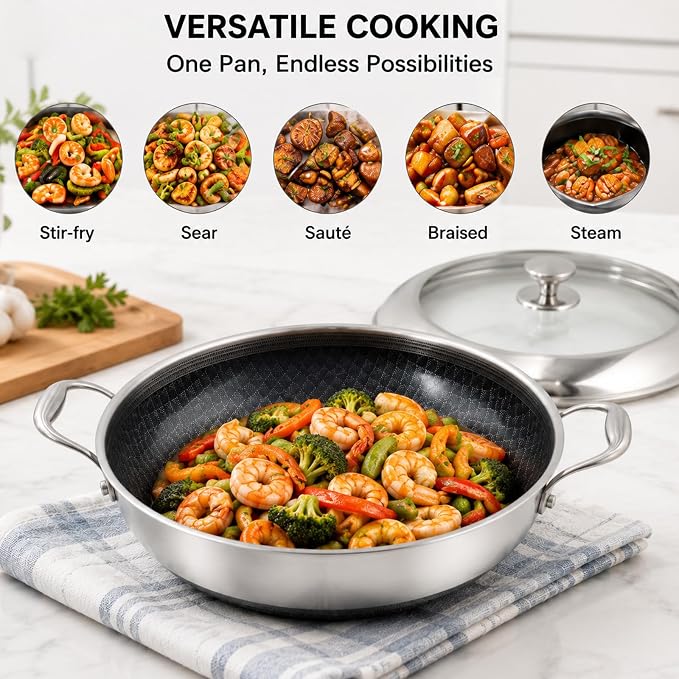 DELARLO 14 Inch Tri-Ply Stainless Steel Nonstick Wok Pan with Lid 6Qt Pot | Deep 6-quart wok heats quickly and evenly, works with induction, and is dishwasher and oven safe for everyday cooking