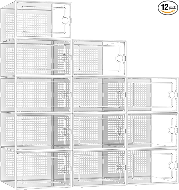 Kuject X-Large Shoe Storage Boxes 12 Pack, Clear Stackable Shoe Organizer | Shoe Case for Closet, Entryway & Under-Bed Storage, Drop-Front Design, Space-Saving Solution for Family Organization,White