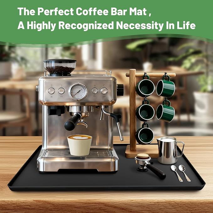 24-inch Coffee Mat - Heat Resistant Silicone for Coffee Bar & Kitchen Counter - Bar Mat for Countertops - Decor Under Espresso Machine & Makers (Black)