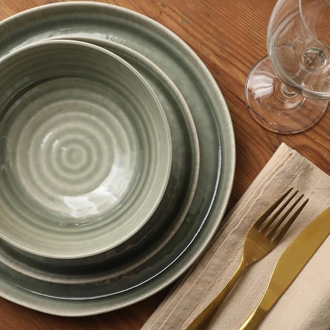 Gibson Elite Eclipse Swirls Plates and Bowls Sets, 12-Piece Stoneware Dinnerware Sets, Reactive Glaze Dish Set - Green