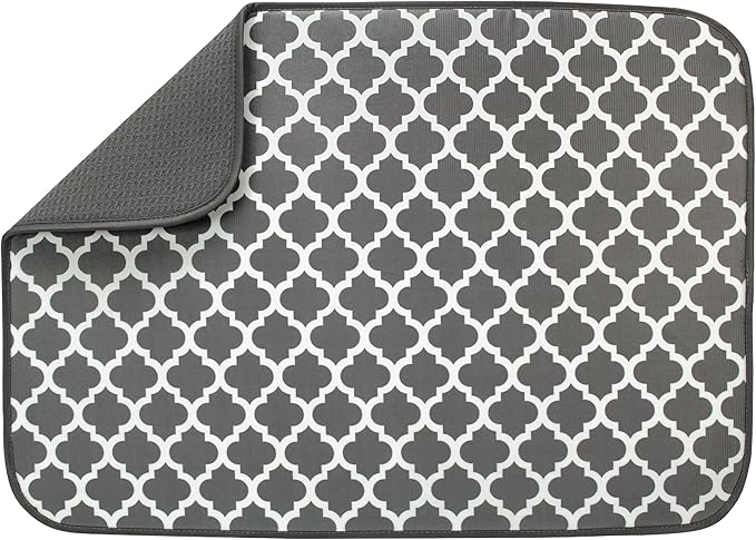 S&T INC. Dish Drying Mat, 18" x 24", XL, Grey Trellis | Absorbent Microfiber, Extra Large Kitchen Counter Mat for Dishes, Utensils, Pots and Pans, Machine Washable