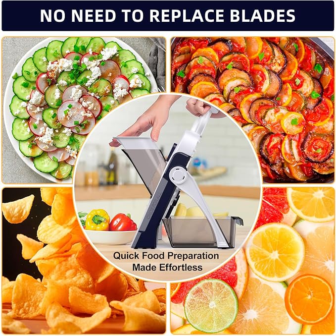 Safe Mandoline Slicer for Kitchen, Professional Vegetable Potato Slicer | 0.1-8 mm Adjustable Thickness, Food Chopper French Fry Cutte, Mandolin, Chopping Artifact Fast Veggie (just Slice, DeepBlue)