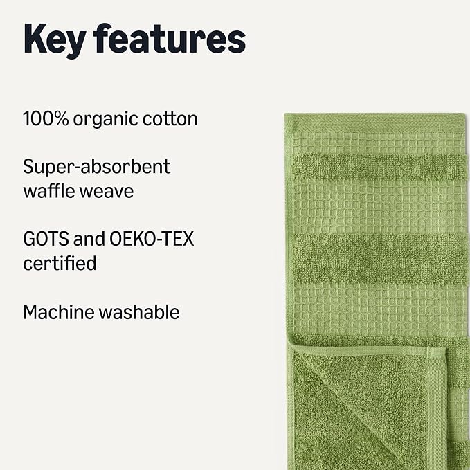 Amazon Basics Organic Cotton Waffle Kitchen Dish Cloths, Ultra Absorbent, Quick Drying, Lint-Free, 12 x 12 inches, 6-Pack (2 Brown, 2 Green, 2 Navy)