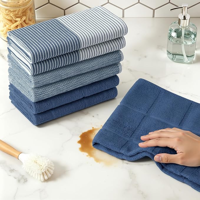 Homaxy 9 Pack Cotton Terry Premium Kitchen Towels, 18 x 28 in, Navy Blue | Large 380 GSM Dish Towels, Highly Absorben Flat & Terry Kitchen Hand Towels, Soft Utility Tea Towel Set with Hanging Loop