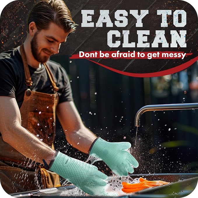KITCHEN PERFECTION XL Silicone Smoker BBQ Gloves -Heat Resistant Oven Mitts | Waterproof, 5-Finger Design For A Better Grip, for Pitmasters, Meat Smoking, Grilling, Cooking, Frying Turkey | Grill Gift