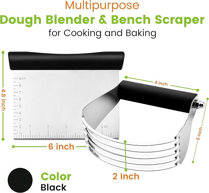 Spring Chef Stainless Steel Dough Blender & Bench Scraper Set, Black | Sturdy Pastry Cutter & Blender for Baking with Non Slip Handle, Dough Cutter & Scraper Tool for Pie, Pizza, Sourdough, Bread